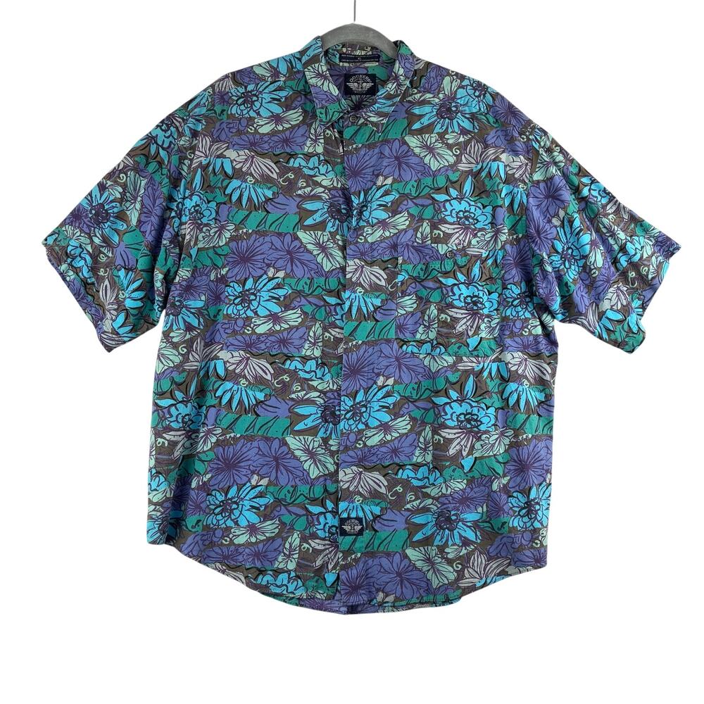Dockers Tropical Floral Blue Purple Short Sleeve Button Up Shirt Men's XL Tropic